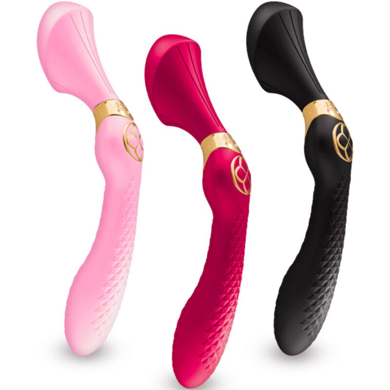 Trois masseurs intimes Zoa Shunga rose, fuchsia et noir en silicone texture a bague doree, longues tiges ondulees ergonomiques, stimulateurs etanches IPX7 et rechargeables.