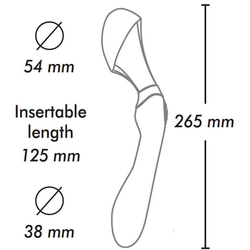 Schema technique transparent du masseur Zoa Shunga, diametres 54 mm et 38 mm, longueur insertion 125 mm et hauteur 265 mm, silhouette ondulee du stimulateur en silicone.