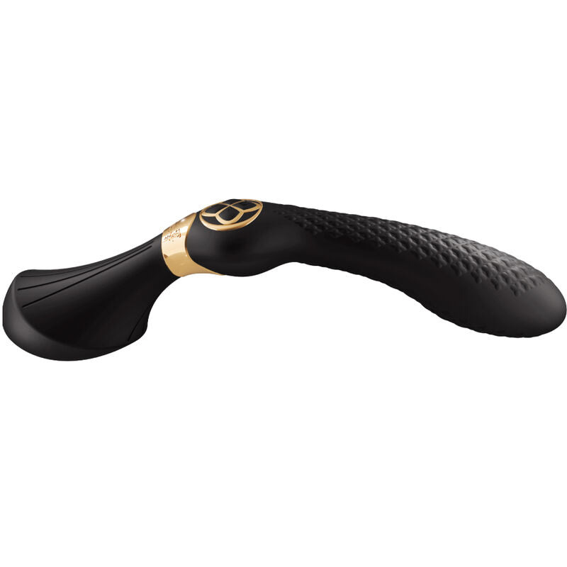 Gros plan du masseur intime Zoa Shunga noir en silicone non poreux, tige ondulee texturee avec anneau dore central, stimulateur ergonomique etanche IPX7 et rechargeable.