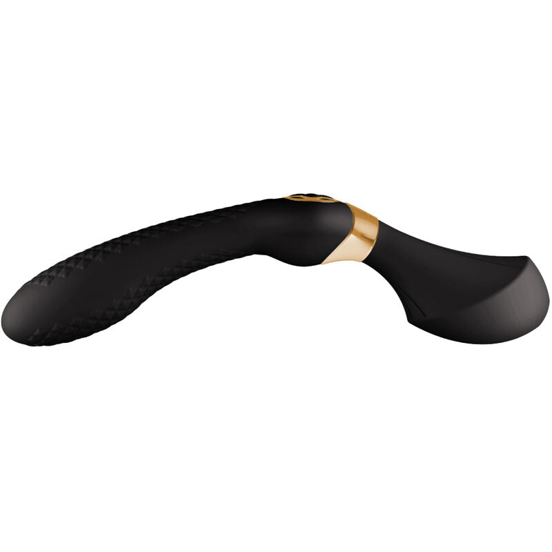 Masseur intime Zoa Shunga noir vu de profil, longue tige courbee en silicone texture avec bague doree, stimulateur ondule ergonomique etanche et rechargeable par USB.