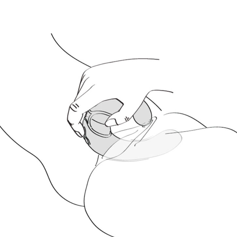 Dessin au trait illustrant une main saisissant le stimulateur Miyo Shunga contre une zone intime, schema d'usage du vibromasseur couple en silicone a deux bras flexibles.