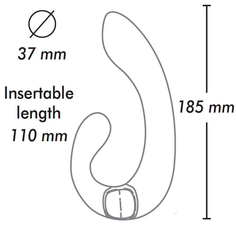Schema technique transparent du stimulateur Miyo Shunga, diametre 37 mm, longueur insertion 110 mm, hauteur 185 mm, silhouette du vibromasseur couple a deux bras courbes.