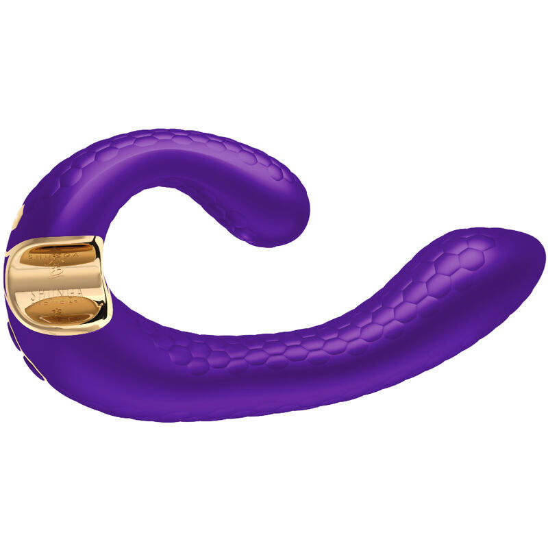 Stimulateur Miyo Shunga violet vu de profil, double bras incurve en silicone texture et embase doree, vibromasseur couple flexible, etanche IPX7 et rechargeable USB.