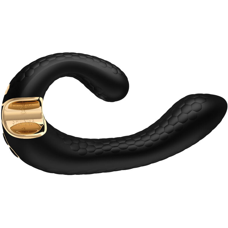 Stimulateur Miyo Shunga noir vu de profil, double bras incurve en silicone texture et embase doree, vibromasseur couple flexible, etanche IPX7 et rechargeable USB.