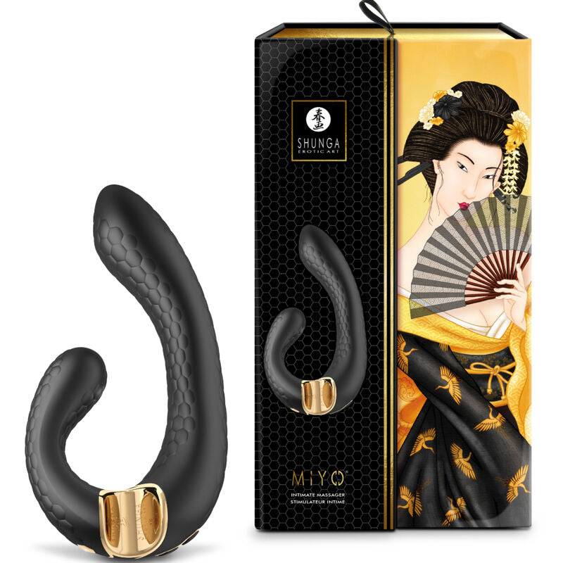 Stimulateur Miyo Shunga noir devant sa boite illustree d'une geisha en kimono, vibromasseur couple en silicone a deux bras flexibles texturee, etanche et rechargeable.