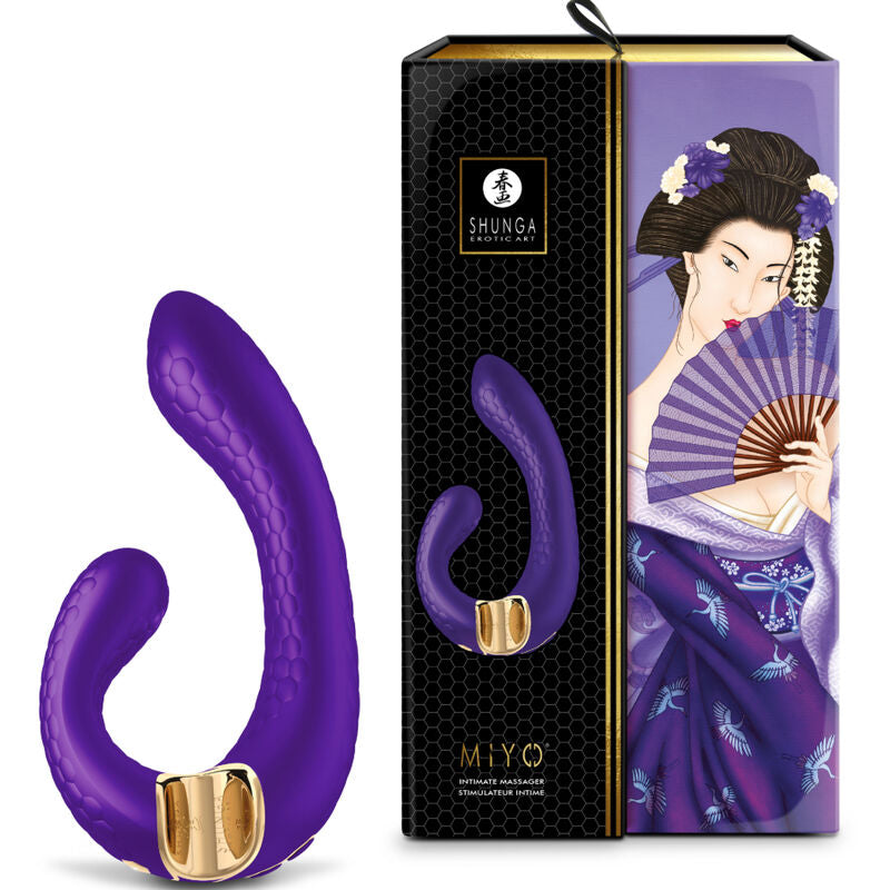 Stimulateur Miyo Shunga violet devant sa boite illustree d'une geisha en kimono, vibromasseur couple en silicone a deux bras flexibles texturee, etanche et rechargeable.