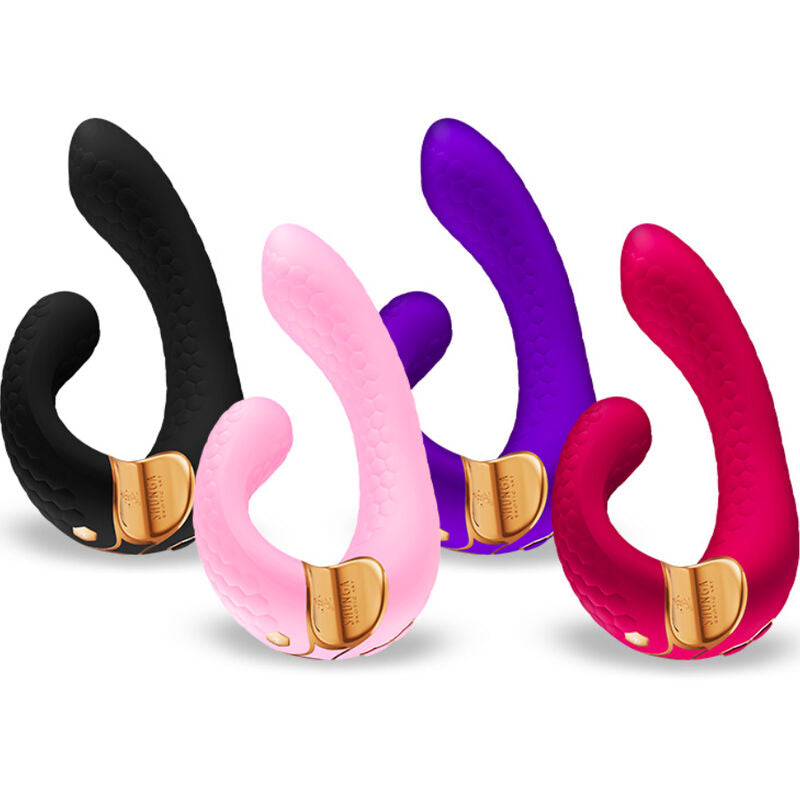 Gamme de stimulateurs Miyo Shunga noir, rose, violet et fuchsia en silicone, forme en pince a deux bras courbes texturee, vibromasseurs couple etanches et rechargeables.