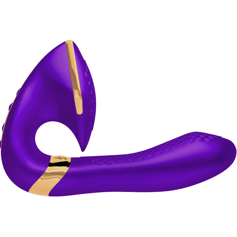 Stimulateur Soyo Shunga violet vu de profil, tete en U aspirante et tige flexible texturee, double moteur silicone etanche et rechargeable, design ergonomique discret.