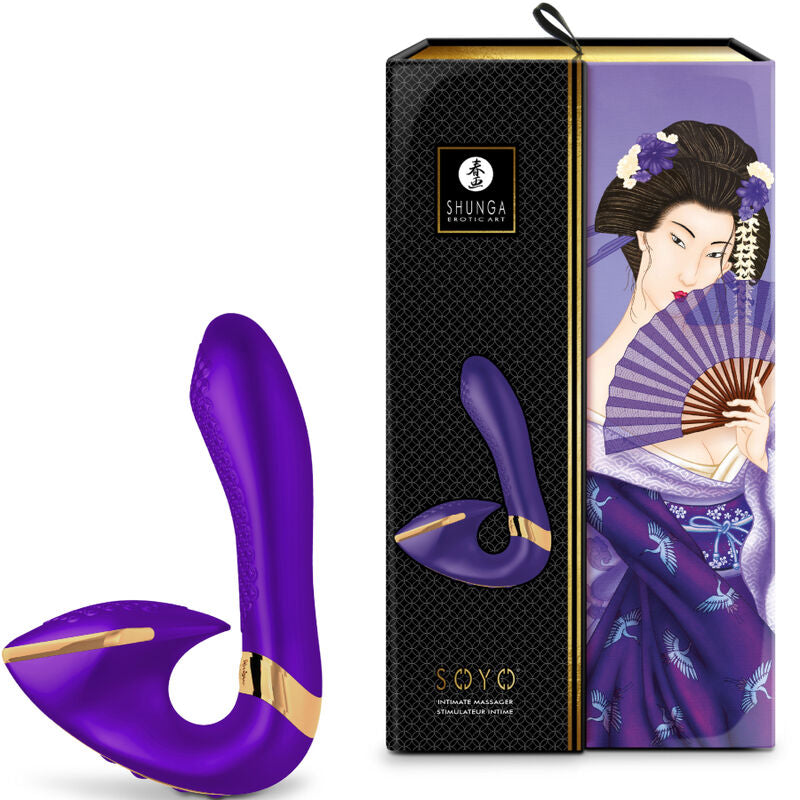 Stimulateur Soyo Shunga violet devant sa boite noire illustree d'une geisha, double stimulateur silicone clitoris et point G etanche rechargeable a 10 modes de vibration.