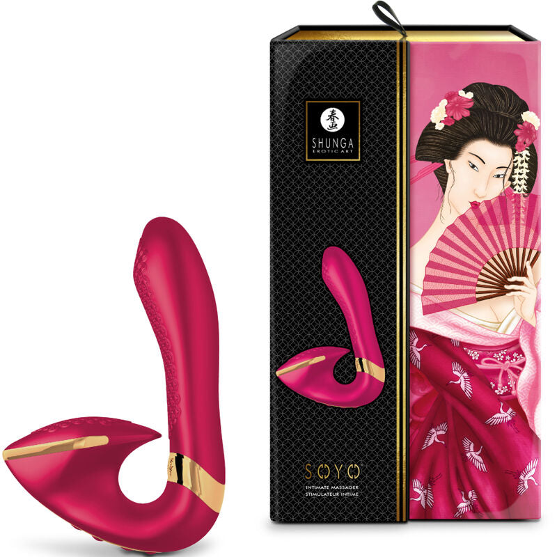 Stimulateur Soyo Shunga rouge a cote de sa boite ornee d'une geisha en kimono, double stimulateur silicone clitoris et point G etanche rechargeable 10 modes de vibration.