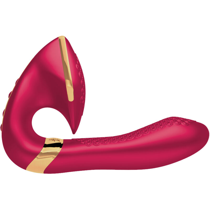 Stimulateur Soyo Shunga rouge vu de profil, tete en U aspirante et tige flexible texturee, double moteur en silicone etanche IPX7 et rechargeable par USB.