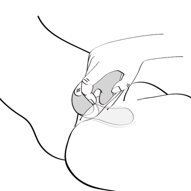Dessin au trait illustrant une main tenant le stimulateur Soyo Shunga applique sur une zone intime, schema d'utilisation du double stimulateur silicone clitoris et point G.