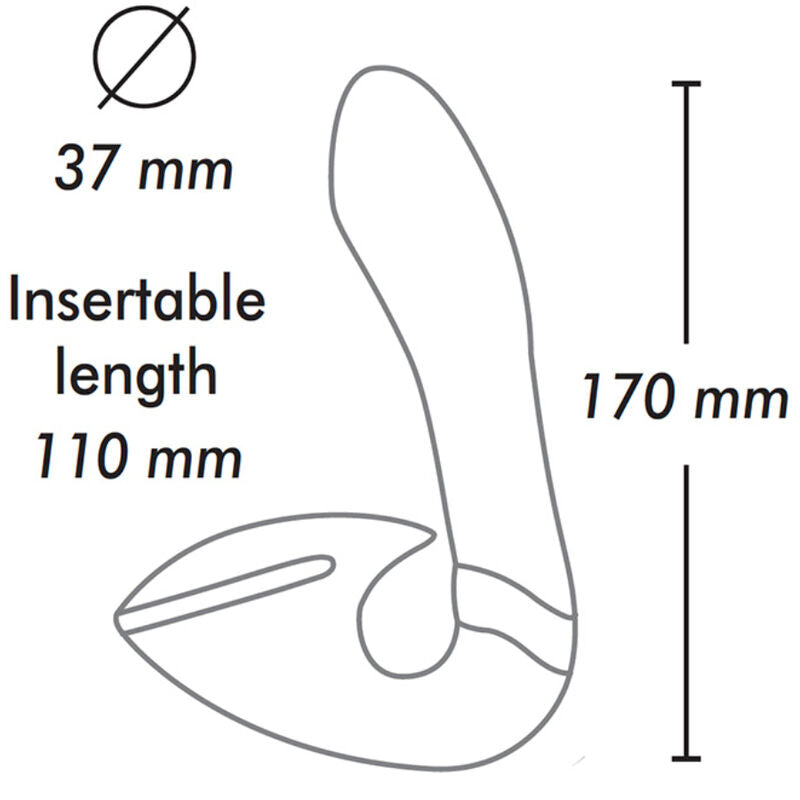 Schema technique transparent du stimulateur Soyo Shunga, diametre 37 mm, longueur insertion 110 mm, hauteur 170 mm, montrant la courbe du double stimulateur en place.