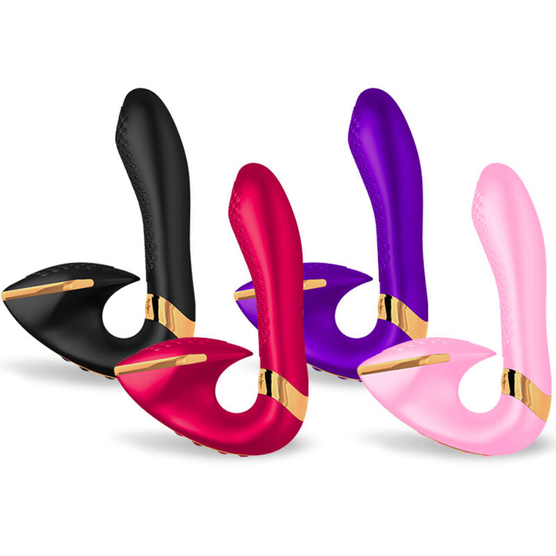 Quatre stimulateurs Soyo Shunga noir, rouge, violet et rose en eventail, double tete aspirante et insertable en silicone, etanches IPX7 et rechargeables 10 modes.
