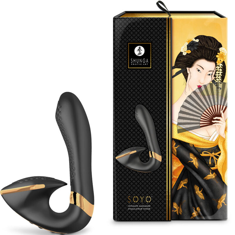Stimulateur Soyo Shunga noir presente devant sa boite illustree d'une geisha, double stimulateur silicone clitoris et point G etanche rechargeable a 10 modes de vibration.