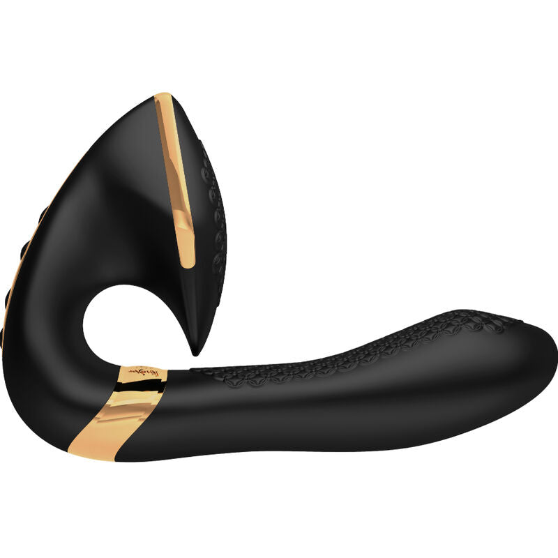 Stimulateur Soyo Shunga noir vu de profil, tete aspirante en U et tige flexible texturee, double moteur silicone etanche et rechargeable, design ergonomique discret.