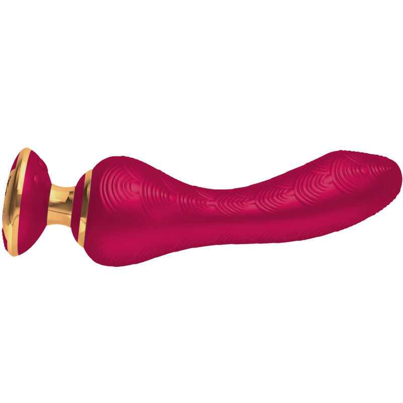 Vue de profil du vibromasseur Shunga fuchsia, longue tige souple en silicone texturee avec petite base doree, stimulateur ergonomique etanche et rechargeable 10 modes.