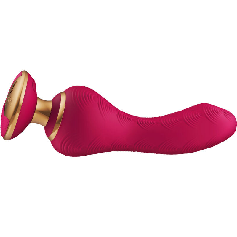 Vibromasseur Shunga fuchsia presente sous deux angles, tige courbee en silicone strie et embout arrondi, base doree, stimulateur point G etanche IPX7 rechargeable USB.