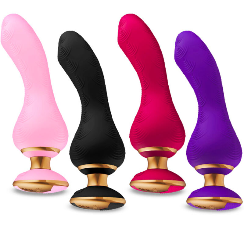 Quatre vibromasseurs Shunga en silicone rose, noir, fuchsia et violet alignes de face, forme ergonomique courbee a base evasee doree, stimulateurs etanches rechargeables 10 modes.