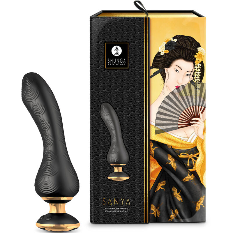 Vibromasseur Sanya Shunga noir présenté à côté de sa boîte dorée illustrée d'une geisha, tige courbée insertable à socle ventouse en silicone souple pour le point G.