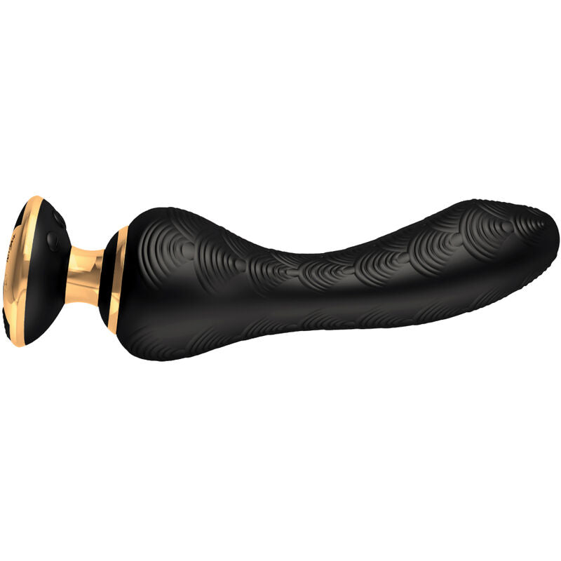 Vibromasseur Sanya Shunga noir vu de profil, tige courbée texturée à tête arrondie et socle ventouse doré, silicone souple insertable pour cibler le point G en douceur.
