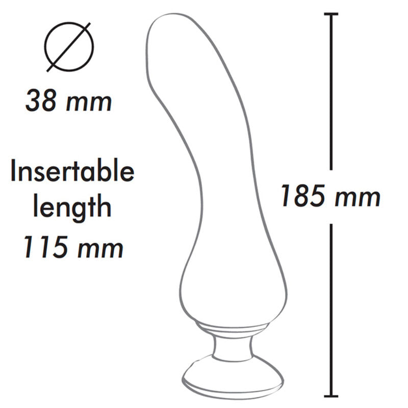 Schéma technique du vibromasseur Sanya Shunga de face et de profil, diamètre 38 mm, hauteur 185 mm et longueur insérable 115 mm, tige courbée à socle ventouse.
