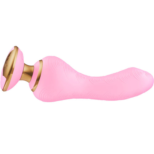 Vibromasseur Sanya Shunga rose vu de trois quarts, corps galbé ondulé et embase ventouse dorée, silicone souple insertable conçu pour cibler le point G en douceur.