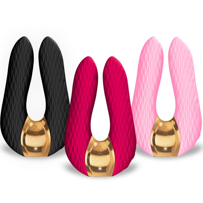 Gamme de stimulateurs doubles Aiko Shunga, coloris noir fuchsia et rose alignés, deux branches flexibles texturées et socle doré, silicone soyeux étanche rechargeable.