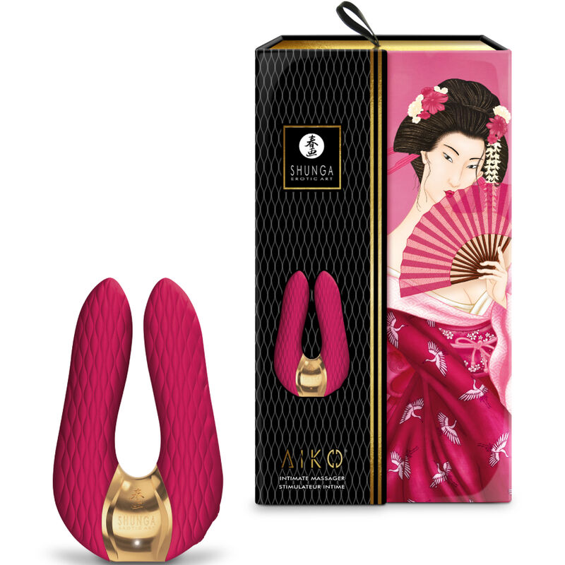 Stimulateur double Aiko Shunga fuchsia présenté à côté de sa boîte rose illustrée d'une geisha, deux branches flexibles en silicone soyeux étanche, dix modes de vibration.
