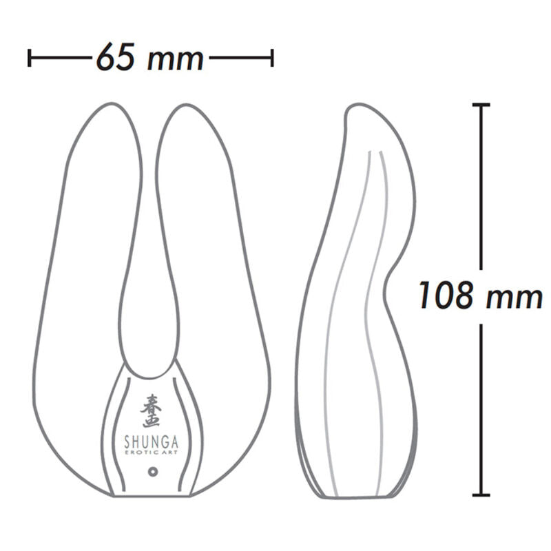 Schéma technique du stimulateur Aiko Shunga de face et de profil, cotes 65 mm de large et 108 mm de haut, deux branches flexibles pour stimulation clitoridienne ciblée.