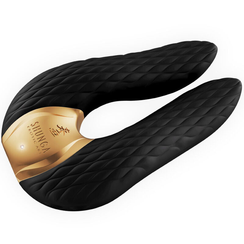 Stimulateur double Aiko Shunga noir vu de trois quarts, deux embouts flexibles texturés écartés et base dorée, silicone soyeux étanche, dix modes de vibration.