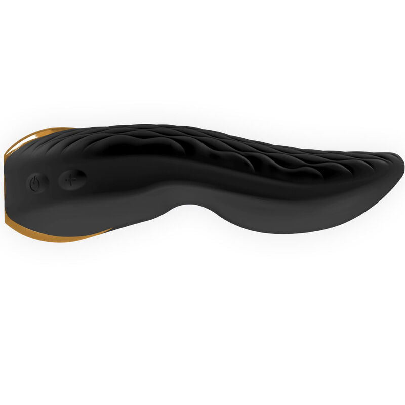 Stimulateur Aiko Shunga noir vu de profil allongé, surface ondulée texturée et boutons de commande, silicone soyeux étanche rechargeable pour stimulation clitoridienne douce.