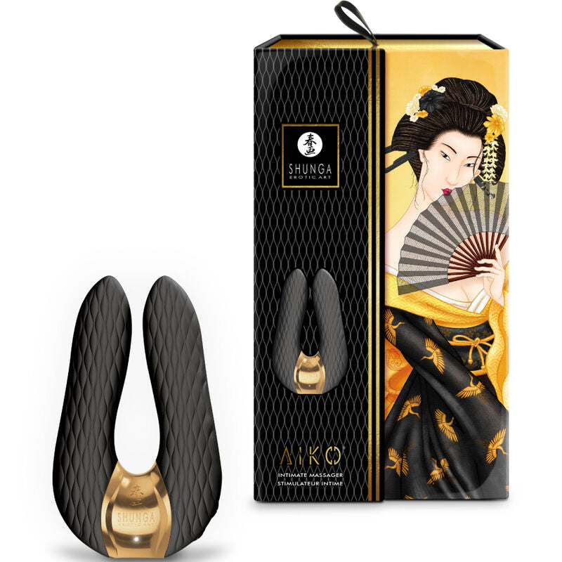 Stimulateur double Aiko Shunga noir présenté devant sa boîte dorée illustrée d'une geisha à l'éventail, deux branches flexibles en silicone soyeux étanche rechargeable.