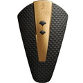 Masseur intime OBI Shunga noir vu de face, surface texturée losangée et bandeau doré central, stimulateur clitoridien en silicone non poreux étanche rechargeable.