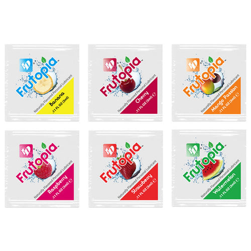 Six sachets ID Frutopia varies, doses uniques de lubrifiant comestible base eau aux saveurs fruitees naturelles sans sucre ajoute, vue d'ensemble