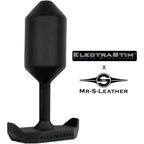 Plug anal WMCEBP ElectraStim x Mr S Leather en silicone noir vu de face, corps lourd lisse et base large a ailettes bipolaire pour electrostimulation confortable.