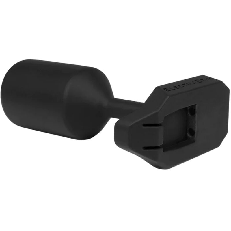 Detail de la base a bascule du plug WMCEBP ElectraStim en silicone noir avec logement connecteur, electrode bipolaire lourde pour electrostimulation anale mains libres.