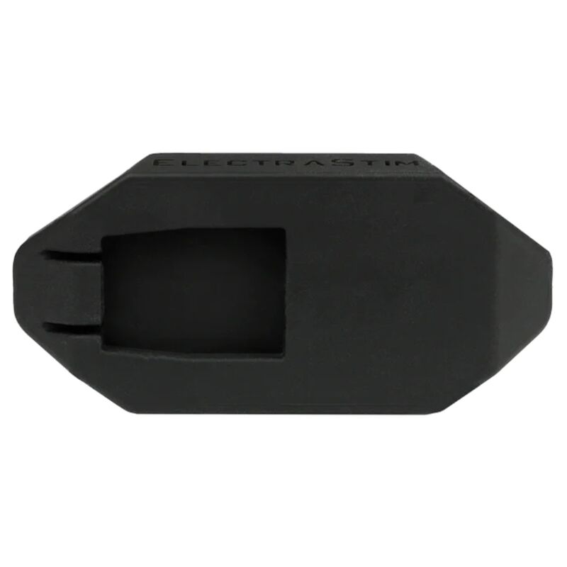 Gros plan de la base souple a logement du plug WMCEBP ElectraStim en silicone noir, embase a ailettes gravee ElectraStim pour electrostimulation anale confortable.