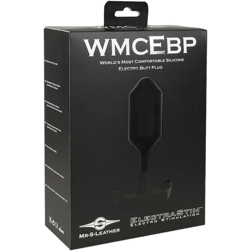 Boite noire WMCEBP ElectraStim x Mr S Leather presentant le plug anal silicone electro le plus confortable, illustration du plug bipolaire a base a ailettes.