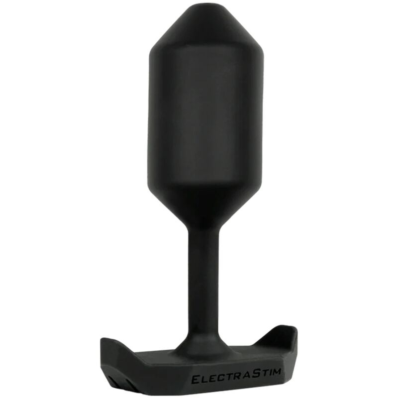 Plug anal WMCEBP ElectraStim en silicone noir presente de profil, tete bulbeuse et large base anti-perte signee ElectraStim, electrode e-stim a noyau lourd.