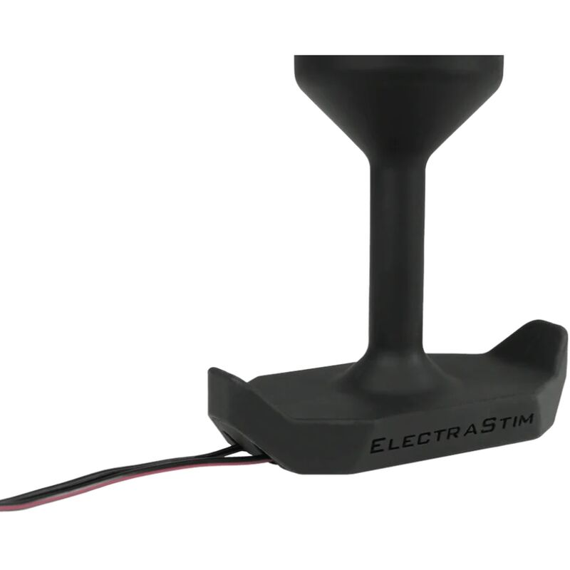 Plug anal WMCEBP ElectraStim vu de dessous, base large a ailettes avec cable conducteur rouge et noir sortant, electrode bipolaire lourde pour electrostimulation.