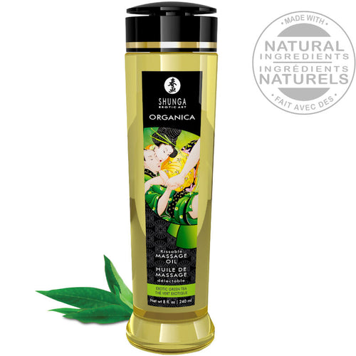 Flacon d'huile de massage Shunga Organica the vert 240 ml, etiquette illustree feuilles vertes, huile bio pressee a froid enrichie en vitamine E, mention ingredients naturels.
