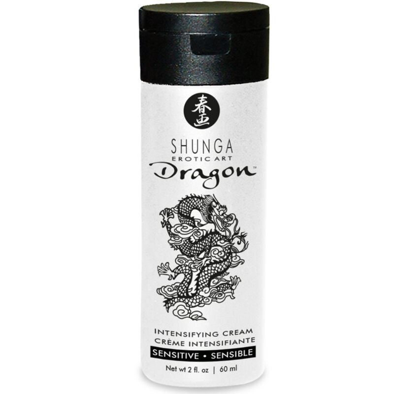 Flacon blanc Shunga Dragon Sensitive de face, creme intensifiante sensible du coffret decouverte, formule a base de plantes effet chaud froid pour couples