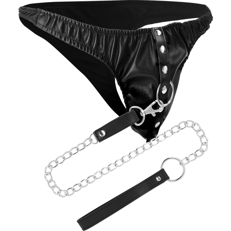 String de soumission avec chaînes métal et anneaux en D — vue de profil