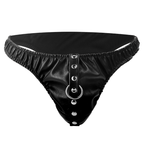 Vue arriere de la culotte fetichiste Darkness en cuir PU noir brillant a oeillets et rivets, taille unique, piece audacieuse pour les jeux de soumission.