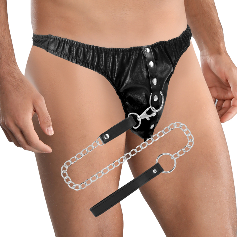 String de soumission avec chaînes métal et anneaux en D — détail produit