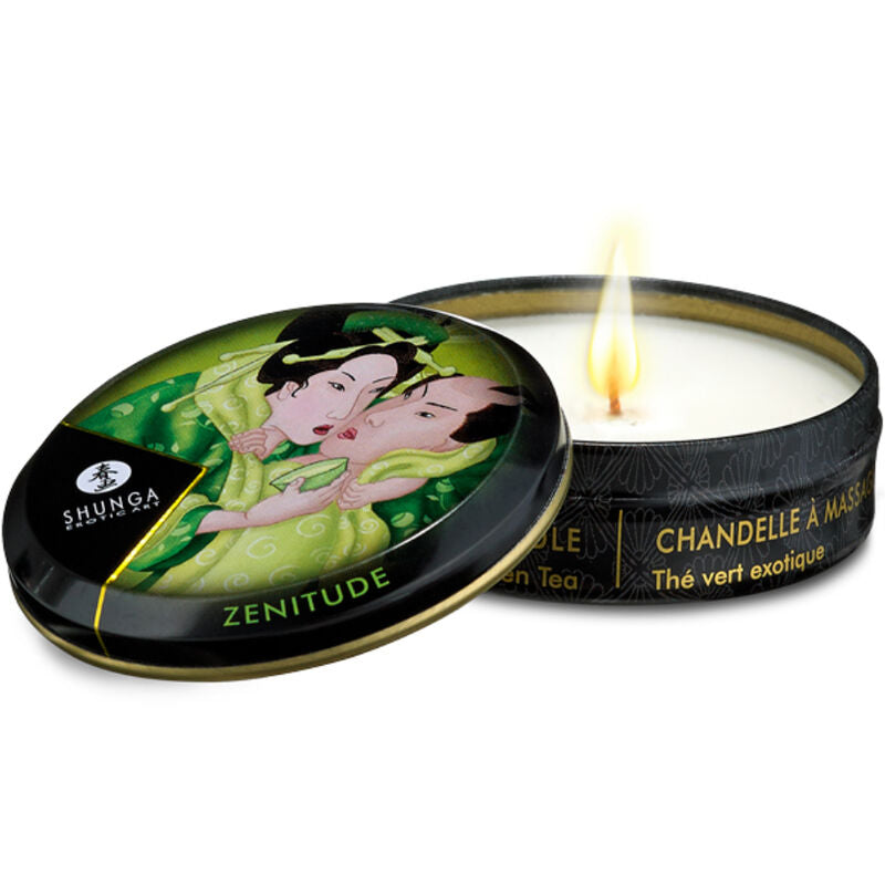 Bougie de massage Shunga Zenitude the vert exotique dans son boitier metallique noir, cire qui fond en huile chaude a verser sur la peau, ingredients naturels pour massage.