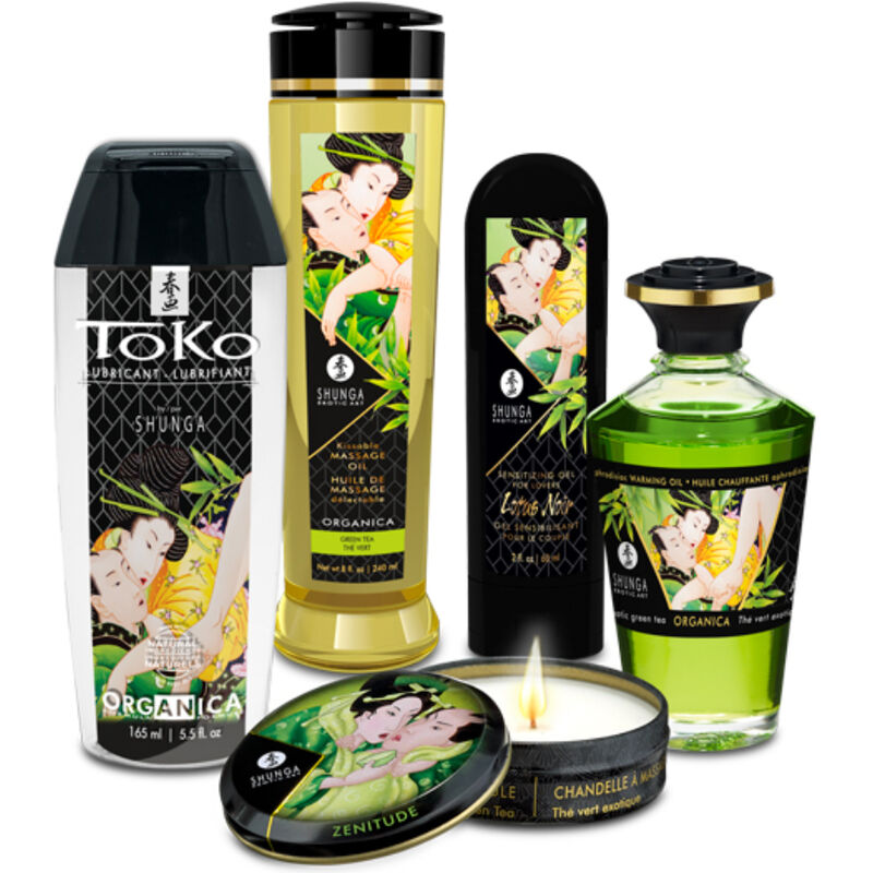 Coffret Shunga the vert avec lubrifiant Toko, huile, bougie et flacon, boite illustree d'un couple enlace, kit de cosmetiques erotiques aux ingredients naturels pour deux.