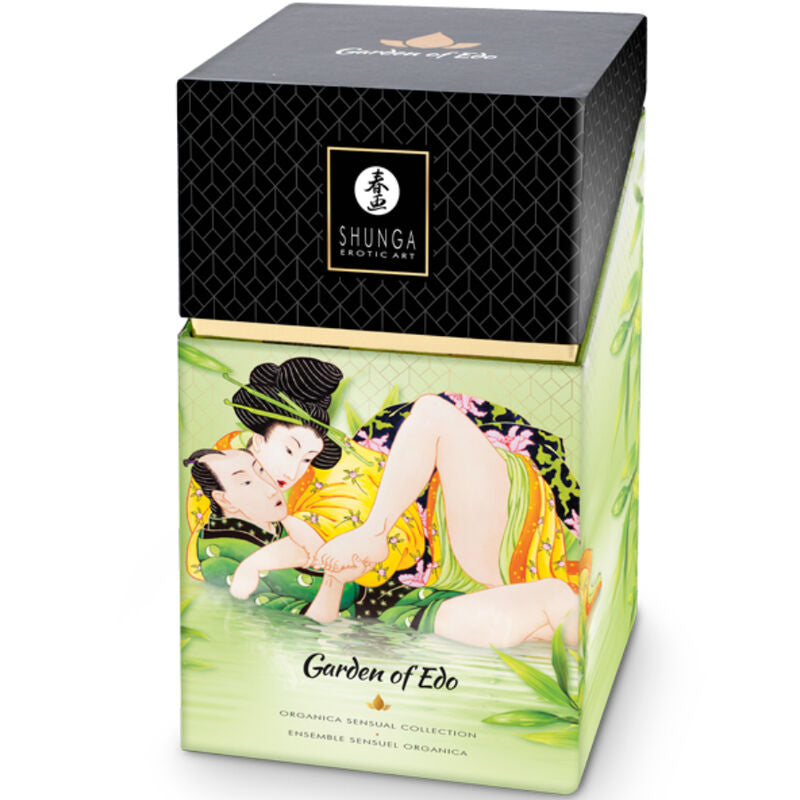 Boite du coffret Shunga Garden of Eden the vert ornee d'une illustration de couple enlace, kit bien-etre de cosmetiques erotiques aux ingredients naturels pour les amoureux.