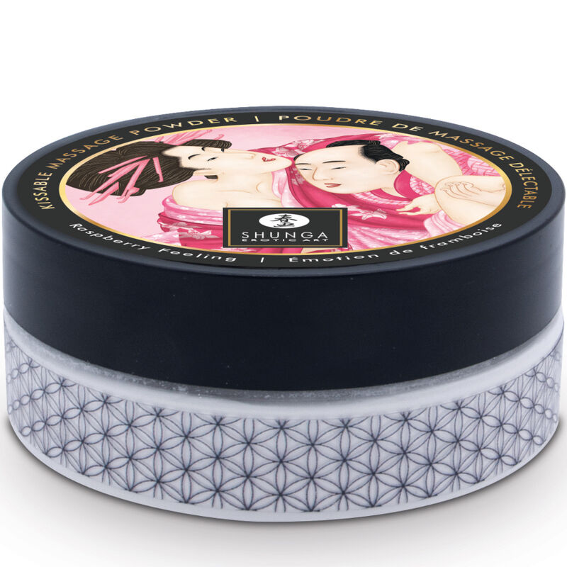 Boitier rond de sels de bain Shunga Lovebath, couvercle noir a motif geometrique, perles parfumees qui se transforment en gel cremeux pour un bain sensuel hydratant pour deux.
